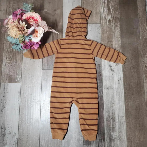 Just One You Carter's 12m Brown Striped Fleece Bear Jumpsuit Coverall Romper - Picture 2 of 12